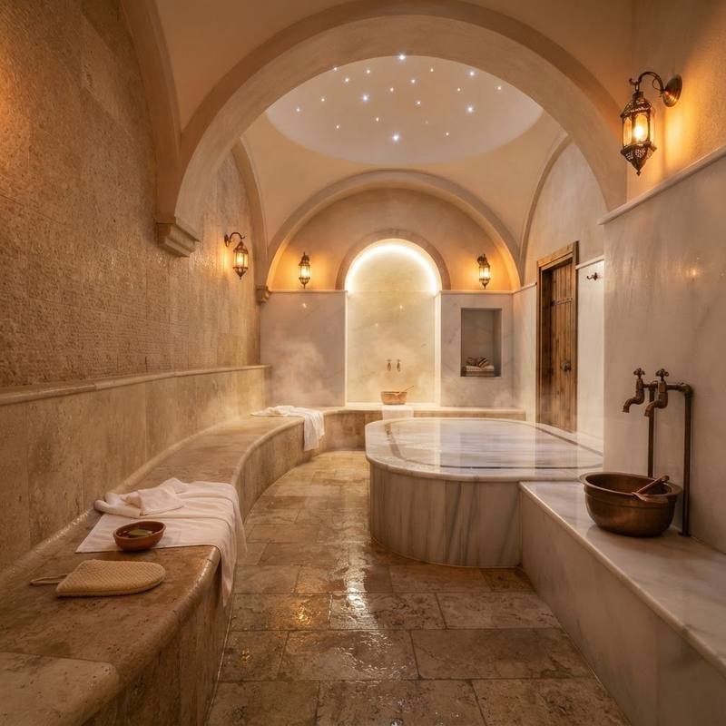Warm stone-tiled hammam wellness space with arched architecture and amber ambient lighting