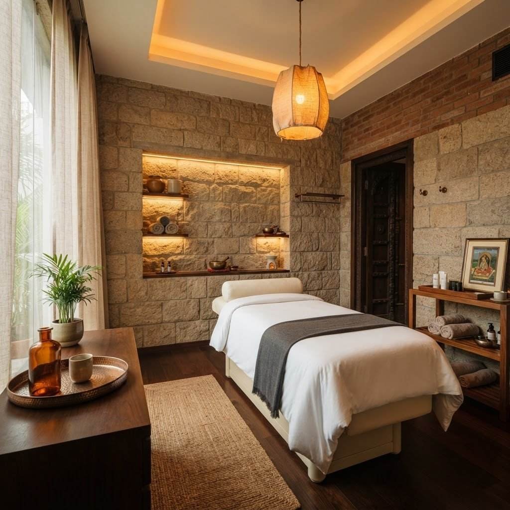 Professional spa treatment room with warm ambient lighting and premium wellness setting