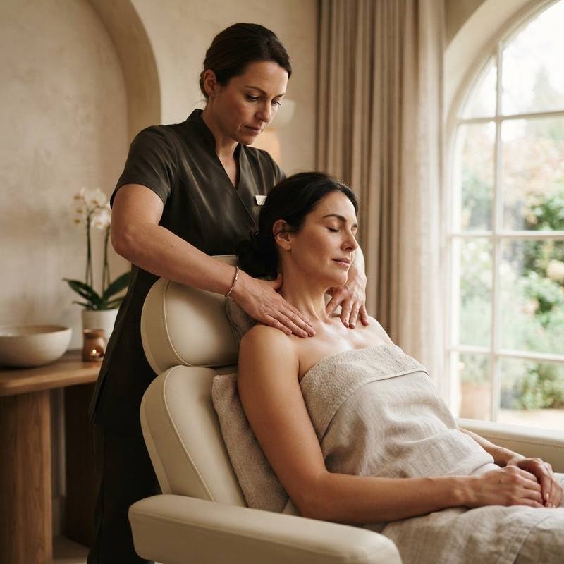 Professional foot and shoulder massage treatment in a premium spa setting