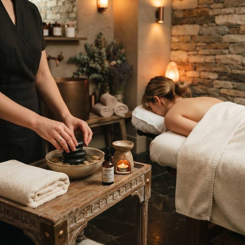 Warm stone massage treatment with heated stones in a premium spa environment