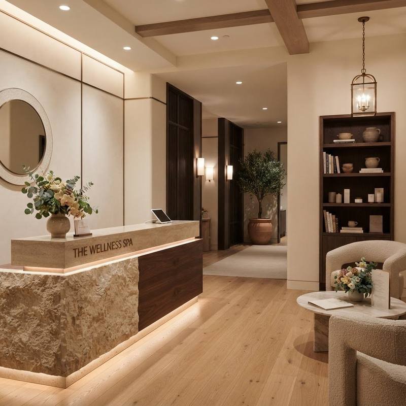 Welcoming premium spa reception area with warm ambient lighting and professional hospitality setting